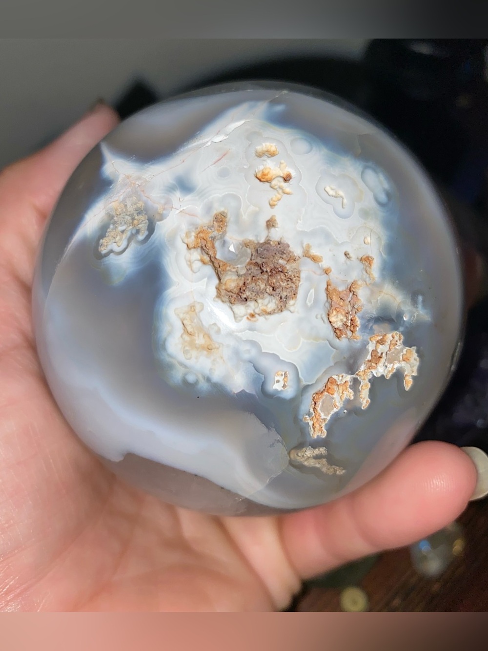 Large Natural Agate + Quartz Sphere | Blue Gray Chalcedony | Sparkly Druzy Cave - Picture 8 of 11